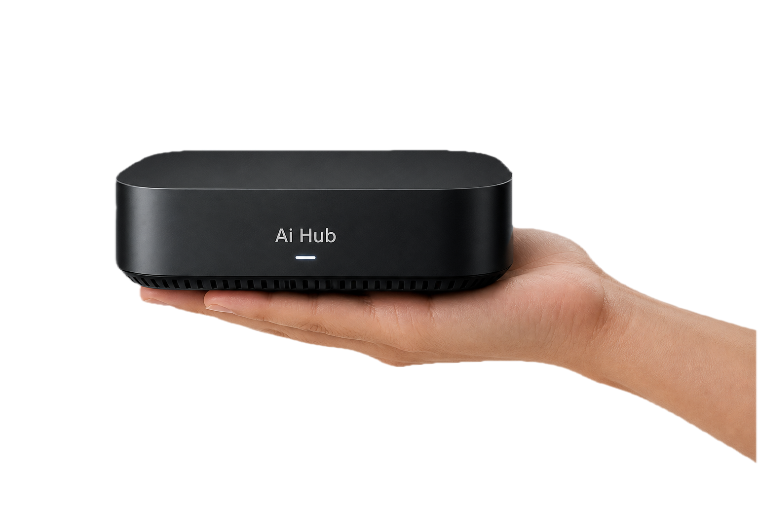 Dino AI Hub on-premise AI hub for trades shops, held in hand