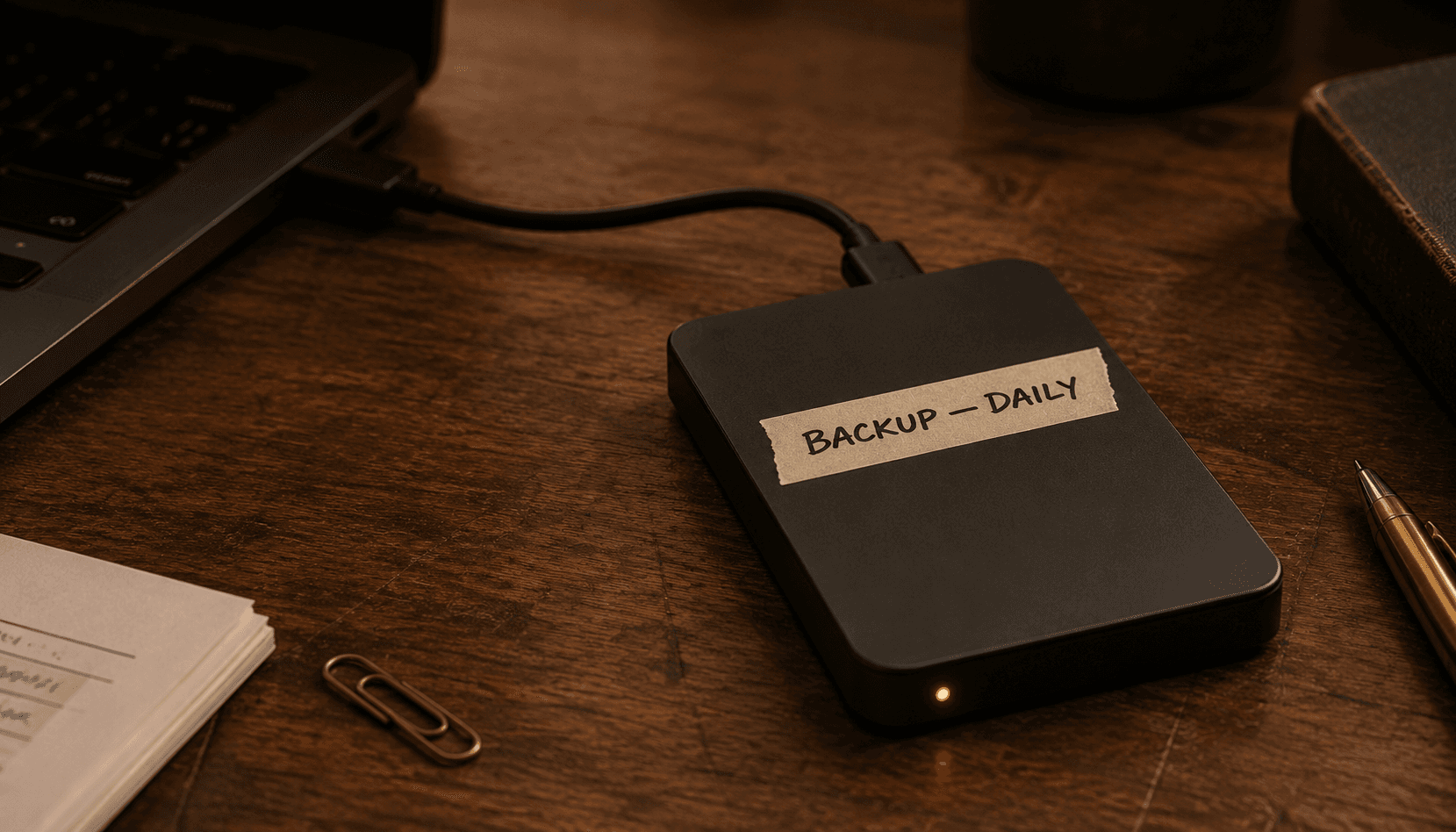 An external backup drive plugged into a Mac, labelled with masking tape — daily backup running.