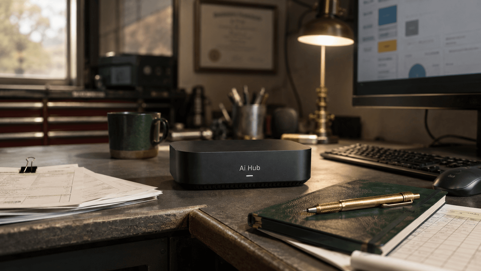 A purpose-built Mac AI hub sitting on the desk of a working contractor's office.