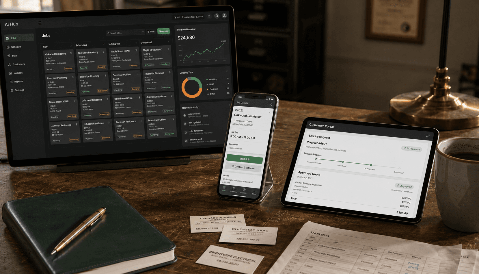 BOS dashboard on a desktop, Field on a phone, Portal on a tablet — three views of one system.